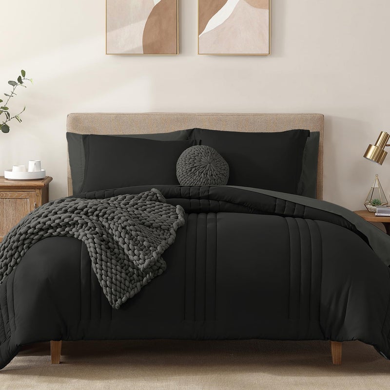 Monbix King Size Comforter Set - 7 Pieces Bed in a Bag King, Black Bedding Sets with Comforter, All Seasons Comforter Bed Set with Sheets, Pillowcases & Shams - Image 1