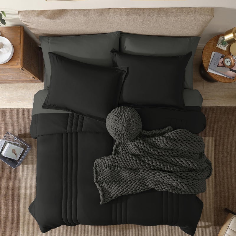 Monbix King Size Comforter Set - 7 Pieces Bed in a Bag King, Black Bedding Sets with Comforter, All Seasons Comforter Bed Set with Sheets, Pillowcases & Shams - Image 2
