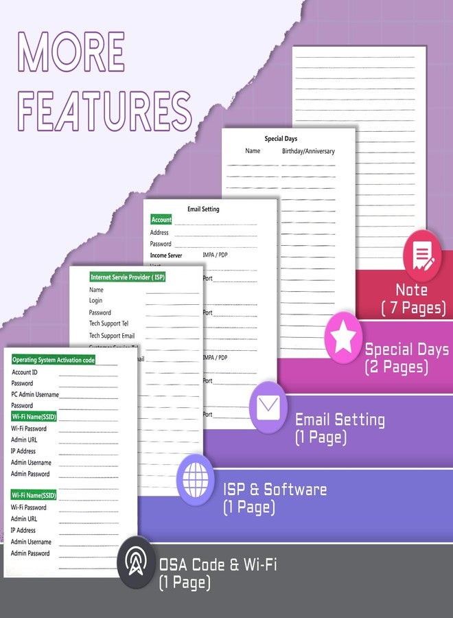 BLESWIN Password Keeper with Alphabetical Tabs, Internet Password Organizer for Contacts, Websitesm Special Days and Notes - 6'' x5.1'', Purple - Image 3