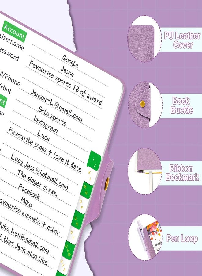 BLESWIN Password Keeper with Alphabetical Tabs, Internet Password Organizer for Contacts, Websitesm Special Days and Notes - 6'' x5.1'', Purple - Image 4