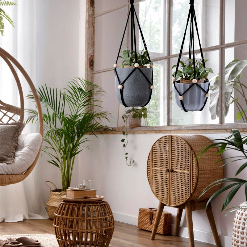 Artilady Black Hanging Planter for Indoor Plants Macrame Plant Hanger Large Hanging Plant Holder Basket with Adjustable Beads Outdoor Window Boho Plant Wall Decor (Black Bead-2pcs) - Image 2
