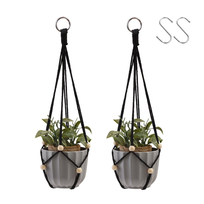 Artilady Black Hanging Planter for Indoor Plants Macrame Plant Hanger Large Hanging Plant Holder Basket with Adjustable Beads Outdoor Window Boho Plant Wall Decor (Black Bead-2pcs) - Image 1