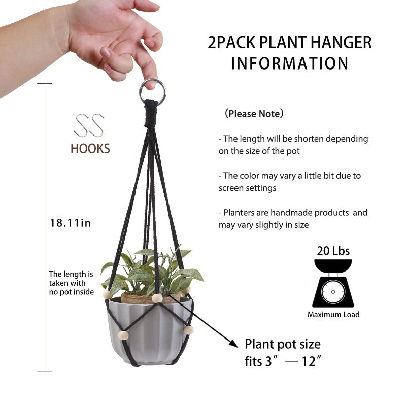 Artilady Black Hanging Planter for Indoor Plants Macrame Plant Hanger Large Hanging Plant Holder Basket with Adjustable Beads Outdoor Window Boho Plant Wall Decor (Black Bead-2pcs) - Image 5