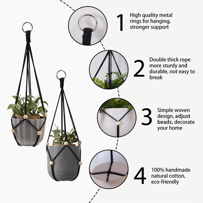 Artilady Black Hanging Planter for Indoor Plants Macrame Plant Hanger Large Hanging Plant Holder Basket with Adjustable Beads Outdoor Window Boho Plant Wall Decor (Black Bead-2pcs) - Image 3