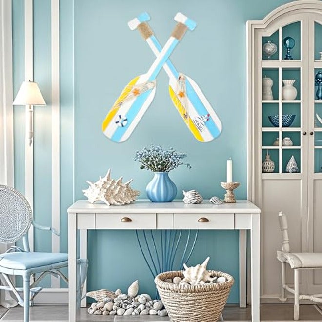 2 Pack 19.8 Inch Nautical Wooden Double Oar Decor with Rope Nautical Oar Paddles Wall Decor Door Hanging Ornament Beach Theme Home Decoration（yellow） - Image 5