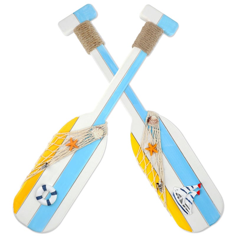 2 Pack 19.8 Inch Nautical Wooden Double Oar Decor with Rope Nautical Oar Paddles Wall Decor Door Hanging Ornament Beach Theme Home Decoration（yellow） - Image 1
