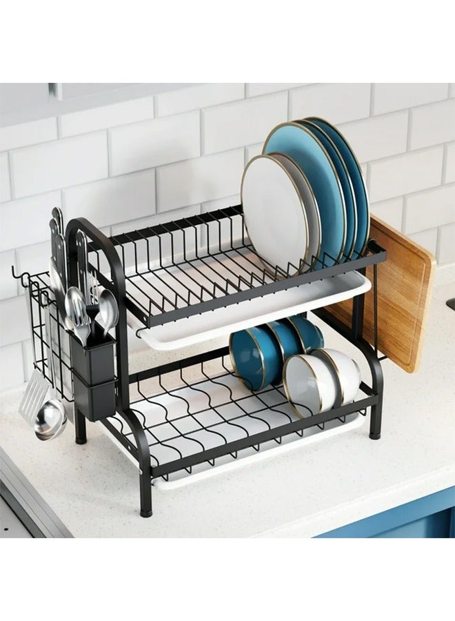 رولستيمي رف لتجفيف الأطباق ل منضدة مطبخ 2 الطبقة الصدأ مقاومة طبق رفوف مع حامل أواني المدمجة طبق تجفيف ، أسود - Image 1