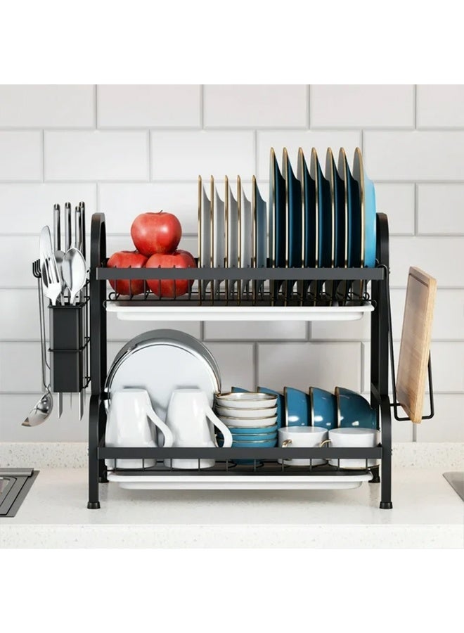 رولستيمي رف لتجفيف الأطباق ل منضدة مطبخ 2 الطبقة الصدأ مقاومة طبق رفوف مع حامل أواني المدمجة طبق تجفيف ، أسود - Image 3