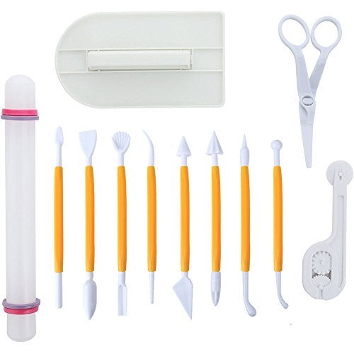 ScivoKaval Marshmallow Fondant Cake Decorating Hand Tool 12 Pcs 5 Sets Sugar craft Gum paste Icing Smoother Rolling Pin Trimmer Cutter Embosser Flower Scissor Modelling Accessories Supplies Kit Yellow - Image 1