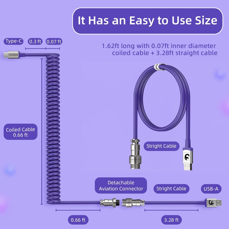 MAMBASNAKE C01 كابل لوحة مفاتيح ملفوف، كابل طيار USB-C مخصص احترافي، خط HyperSpeed من Type-C إلى USB-A بمعدل إرجاع 8 كيلو هرتز مع موصل طيران معدني للوحة مفاتيح الألعاب للكمبيوتر الشخصي - أرجواني - Image 5
