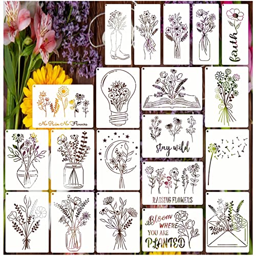 yhslmh 20 Flower Stencils for Painting Wildflower Reusable Stencil Large Floral Bouquet Template Paint Stencils for Painting on Wood Burning Wall Home Sign Decor DIY Art Craft Fabric Canvas 20 Bouquet