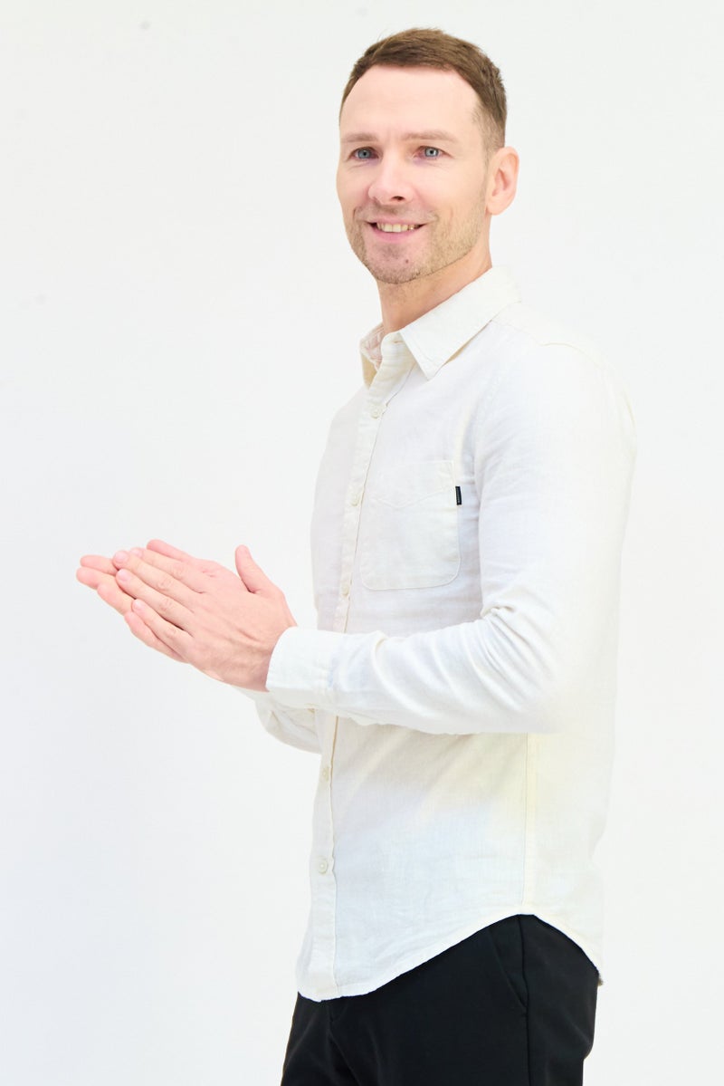 DOCKERS Men Slim Fit Solid Long Sleeves Casual Shirt, Off White  - Image 3