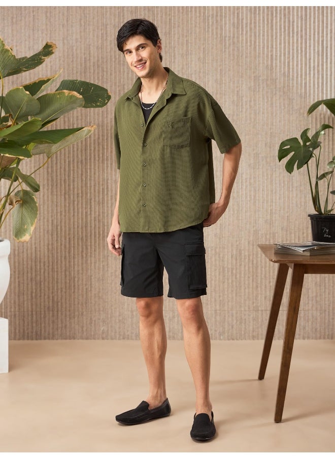 Beyoung - Olive Green Half Sleeve Waffle Shirt for Men - Image 1