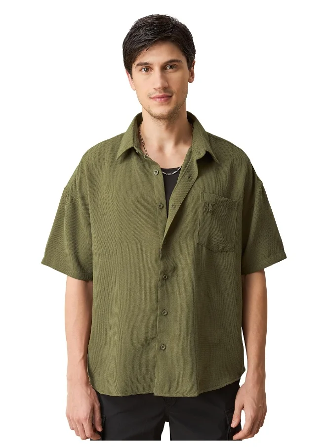 Beyoung Olive Green Half Sleeve Waffle Shirt for Men