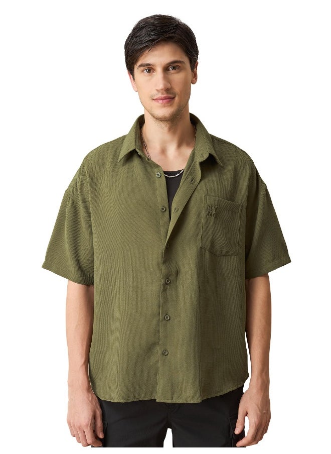 Beyoung - Olive Green Half Sleeve Waffle Shirt for Men - Image 1