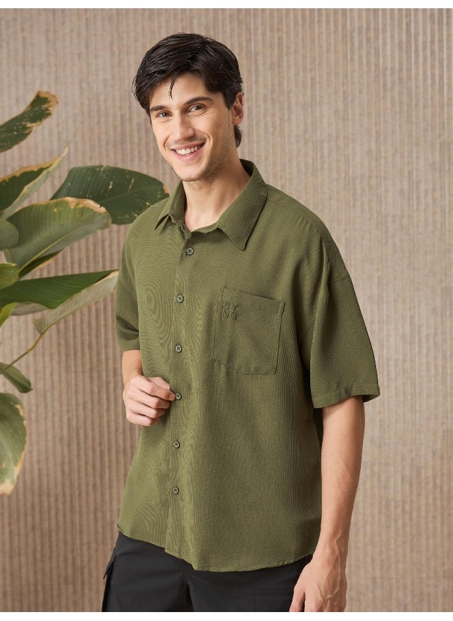 Beyoung - Olive Green Half Sleeve Waffle Shirt for Men - Image 1