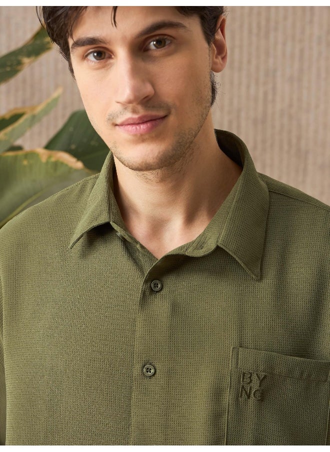 Beyoung - Olive Green Half Sleeve Waffle Shirt for Men - Image 1