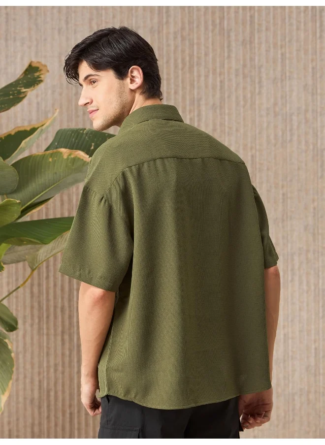 Beyoung Olive Green Half Sleeve Waffle Shirt for Men