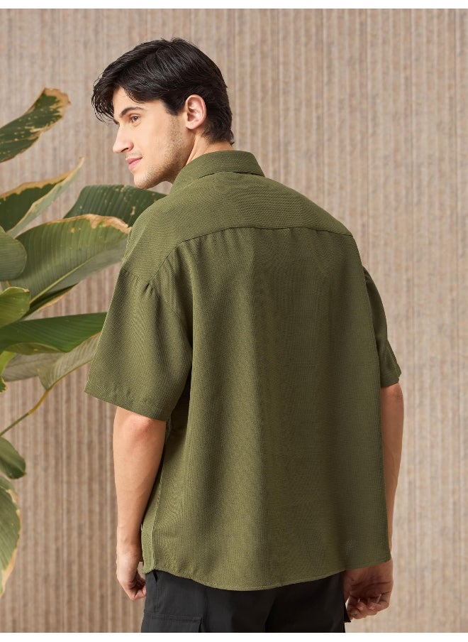 Beyoung - Olive Green Half Sleeve Waffle Shirt for Men - Image 1