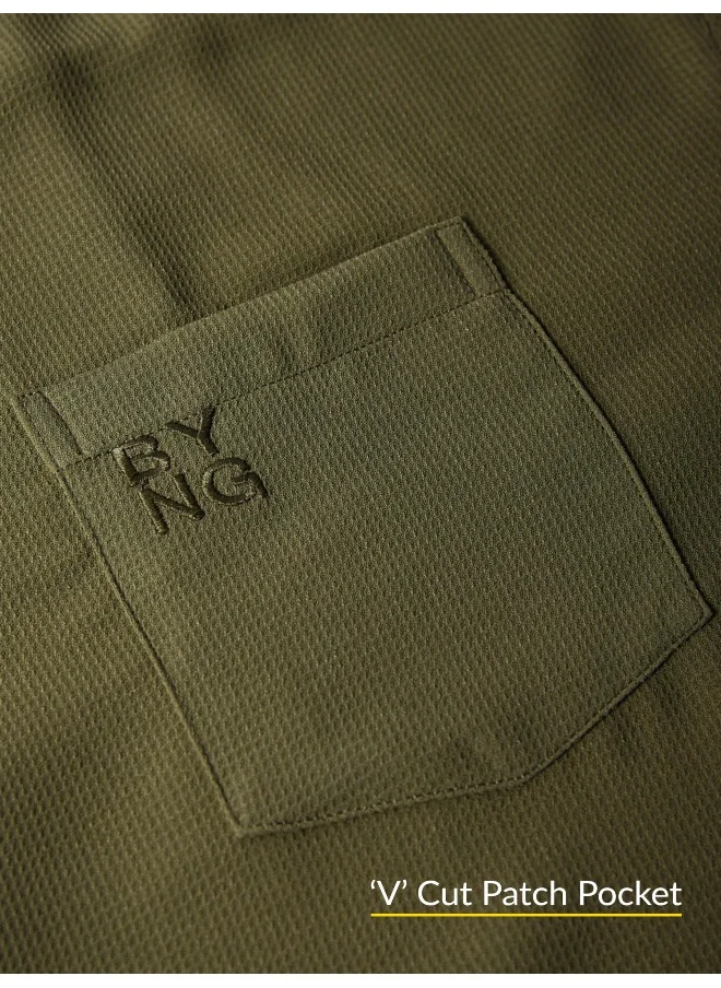 Beyoung Olive Green Half Sleeve Waffle Shirt for Men