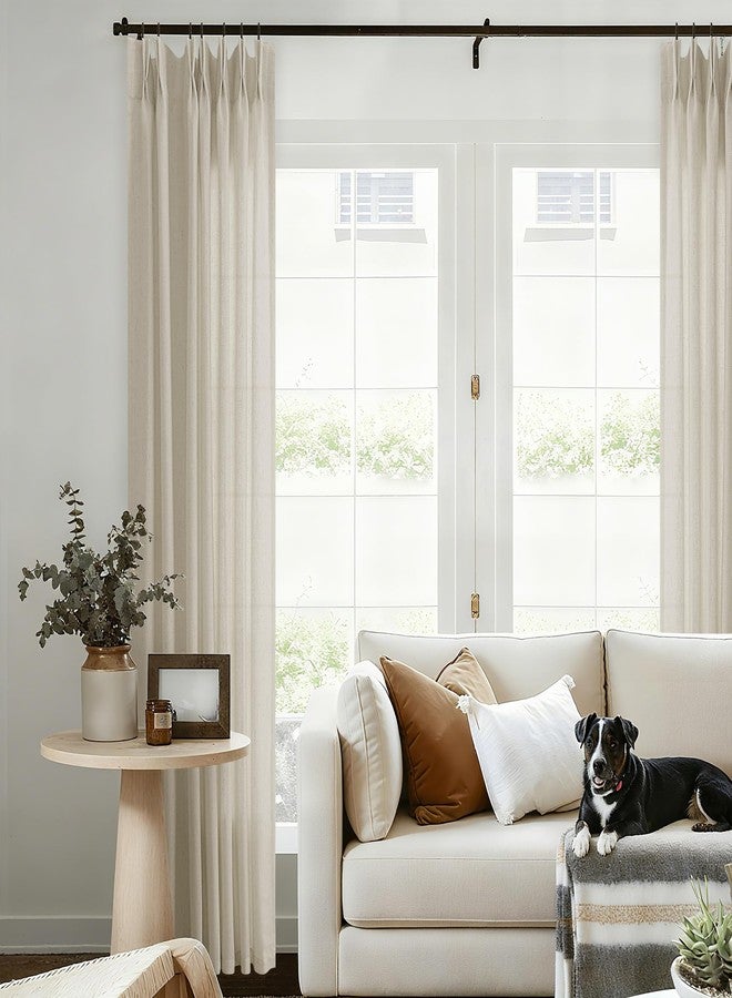 DUKIYO 84" Gray Beige Pleated Linen Curtains for Living Room, Pleated Curtains with Hooks, Rings, Back Flap, Farmhouse, Boho, Light Filter - Image 1
