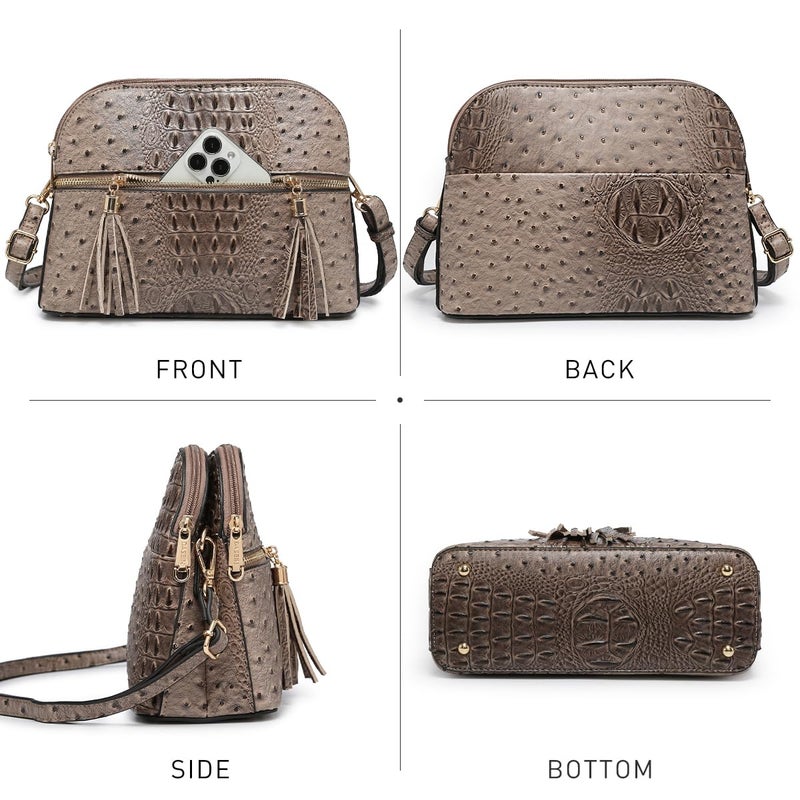 Dasein Women Tassel Zipper Pocket Crossbody Bag Shoulder Purse Fashion Travel Bag with Multi Pockets(Ostrich Khaki) - Image 3