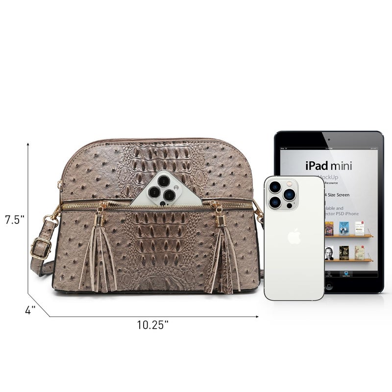 Dasein Women Tassel Zipper Pocket Crossbody Bag Shoulder Purse Fashion Travel Bag with Multi Pockets(Ostrich Khaki) - Image 4