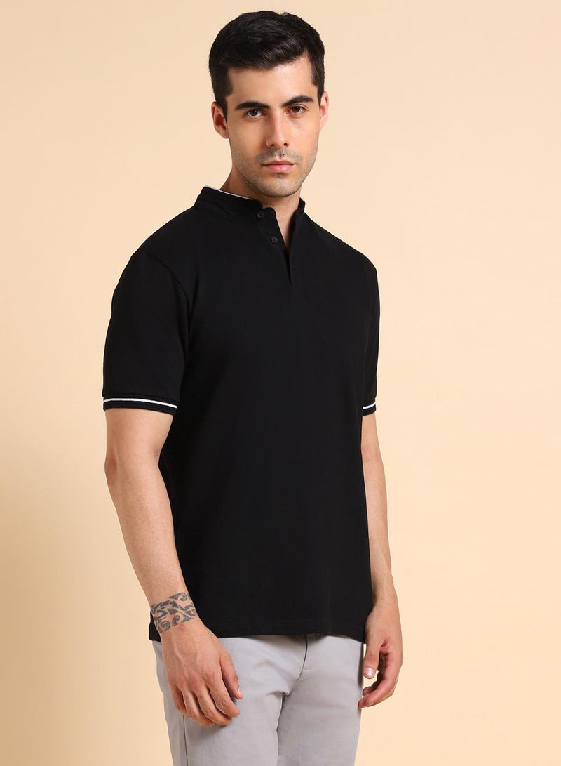 Dennis Lingo Men's Black 100% Cotton Solid Pattern Regular Fit T-Shirt  - Image 3