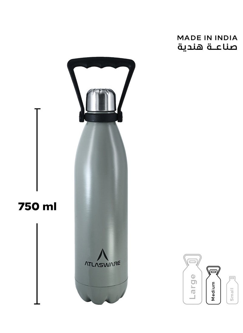 Atlasware - Water Bottle with a Capacity of 750 ml, Stainless Steel Water Bottle that keeps Cold for 52 Hours and Keeps Heat for 24 Hours, Gray - Image 1
