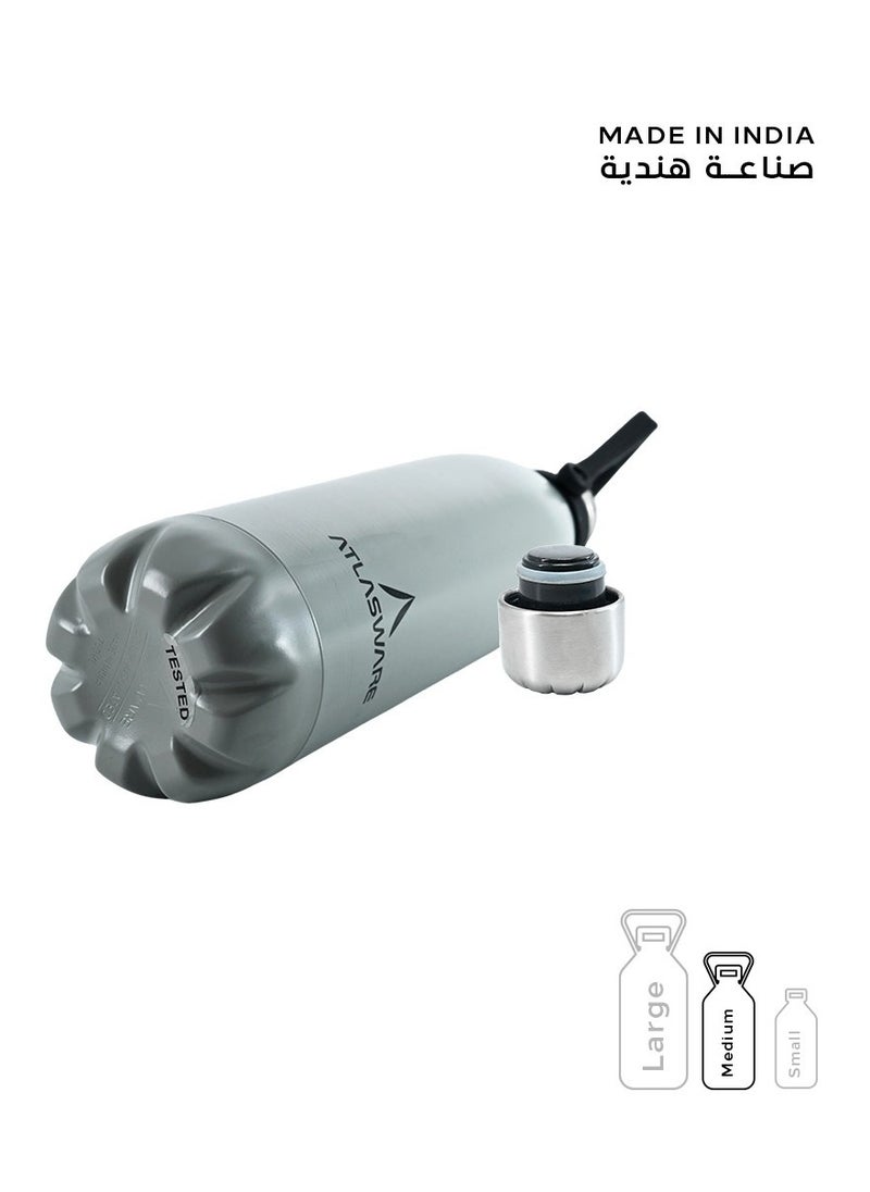 Atlasware - Water Bottle with a Capacity of 750 ml, Stainless Steel Water Bottle that keeps Cold for 52 Hours and Keeps Heat for 24 Hours, Gray - Image 1