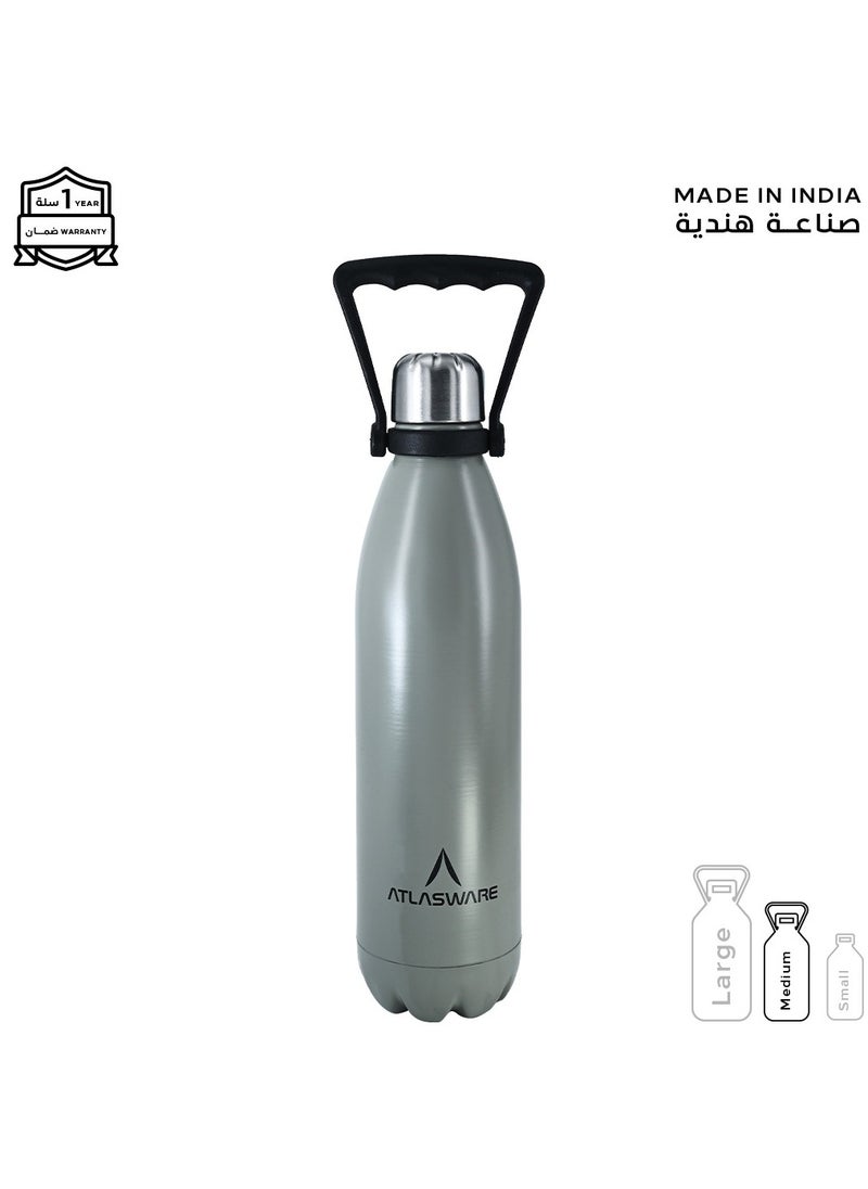 Atlasware - Water Bottle with a Capacity of 750 ml, Stainless Steel Water Bottle that keeps Cold for 52 Hours and Keeps Heat for 24 Hours, Gray - Image 1