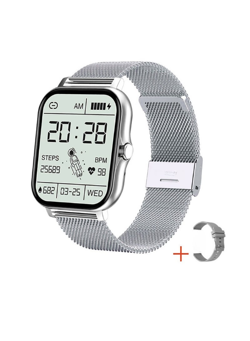 Smart Watch, Fitness Watch With Heart Rate Sleep Monitor, Amoled Display Magnetic Charging Smart Bracelet, Waterproof Comfortable Smart Wrist Watch, (1pc, Silver, Steel Mesh Strap Plus Rubber Strap) - Image 1