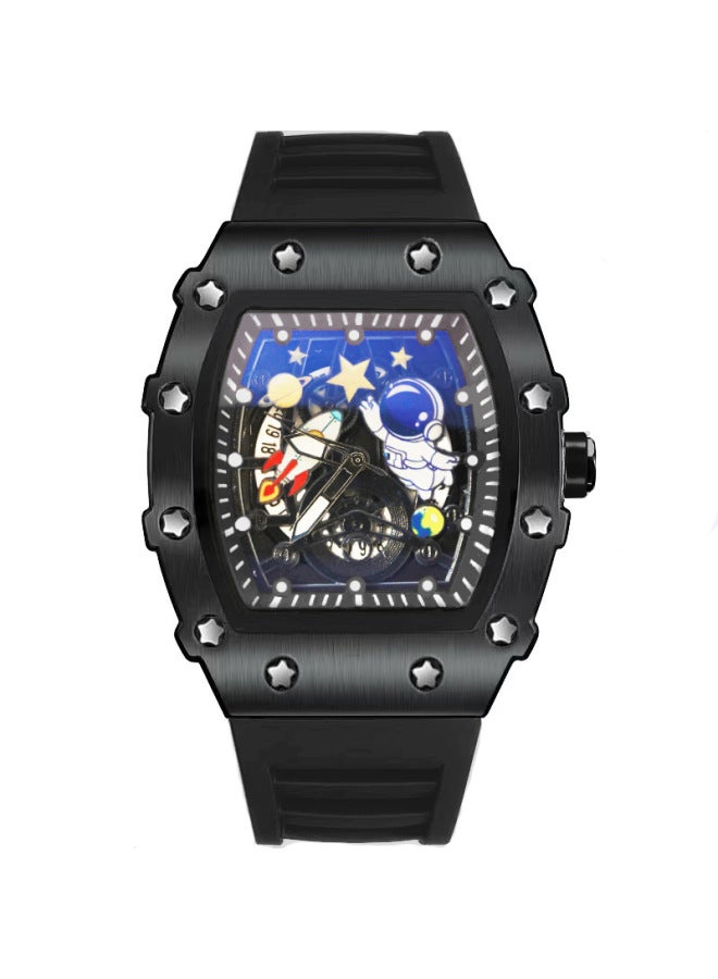 Men's Black Strap Black Case Casual Waterproof Quartz Watch, Hollow Dial with Astronaut Pattern