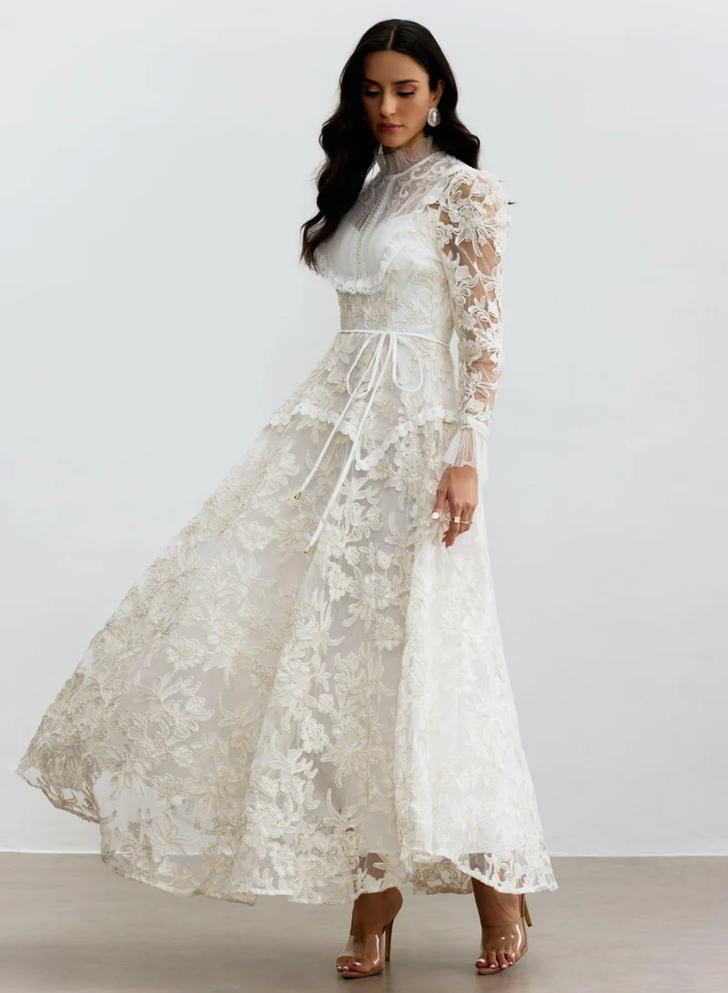 Sunfere White Alice Floral Lace Mock Neck Maxi Dress for Women | Best Price UAE