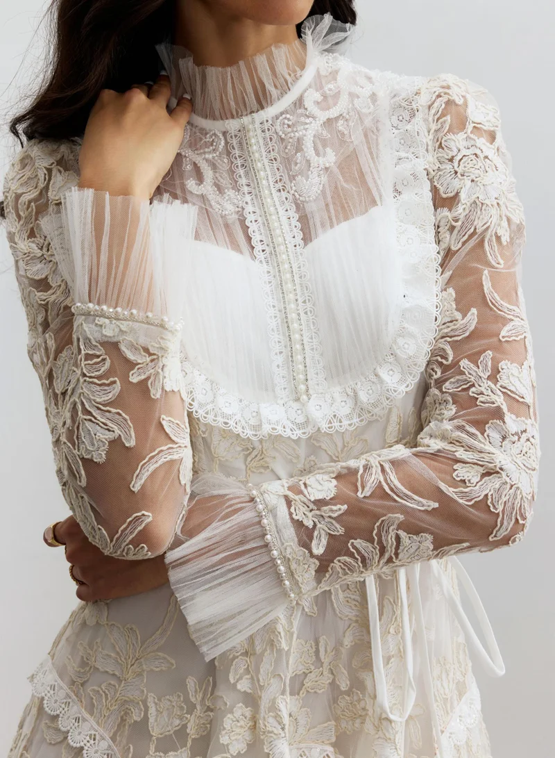 Sunfere White Alice Floral Lace Mock Neck Maxi Dress for Women | Best Price UAE