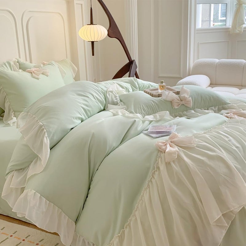 SOUKECHY Girls Lace Bedding, Queen Comforter Cover Set, Chic Ruffled Duvet Cover with Lovely Bow,Princess Style 1 Duvet Cover with 2 Pillowcases, No Comforter-Green,Queen Size - Image 4