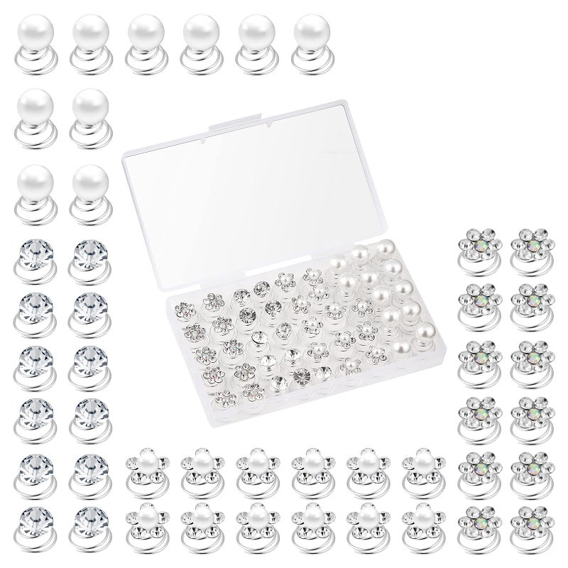 QIUTIMIY 48 Pcs4 Styles PearlRhinestone Crystal Twisters Spiral Set Hair Pin Silver Coil for Wedding Bridal Prom Party and Special Occasion with Clear Container