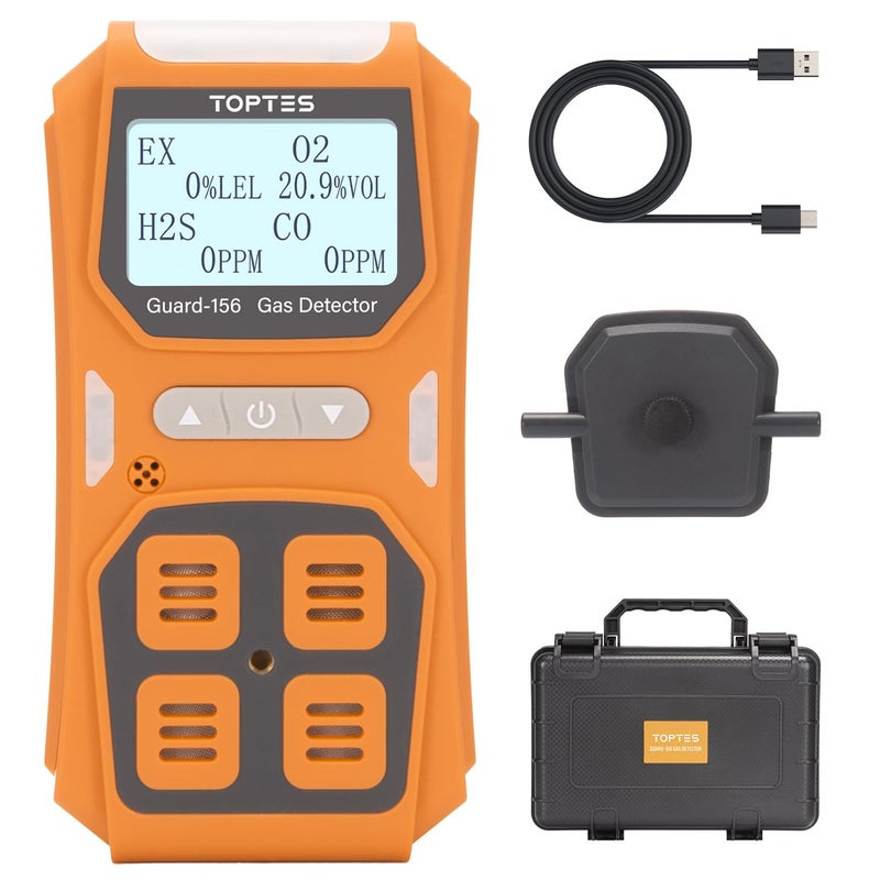 TopTes Guard156 4 Gas Monitor Multi Gas Detector for H2S CO LEL and O2 Triple Alarm Modes Visual Vibration Sound 05s Fast Response Dust and Explosion Proof Design for Work and Home Safety