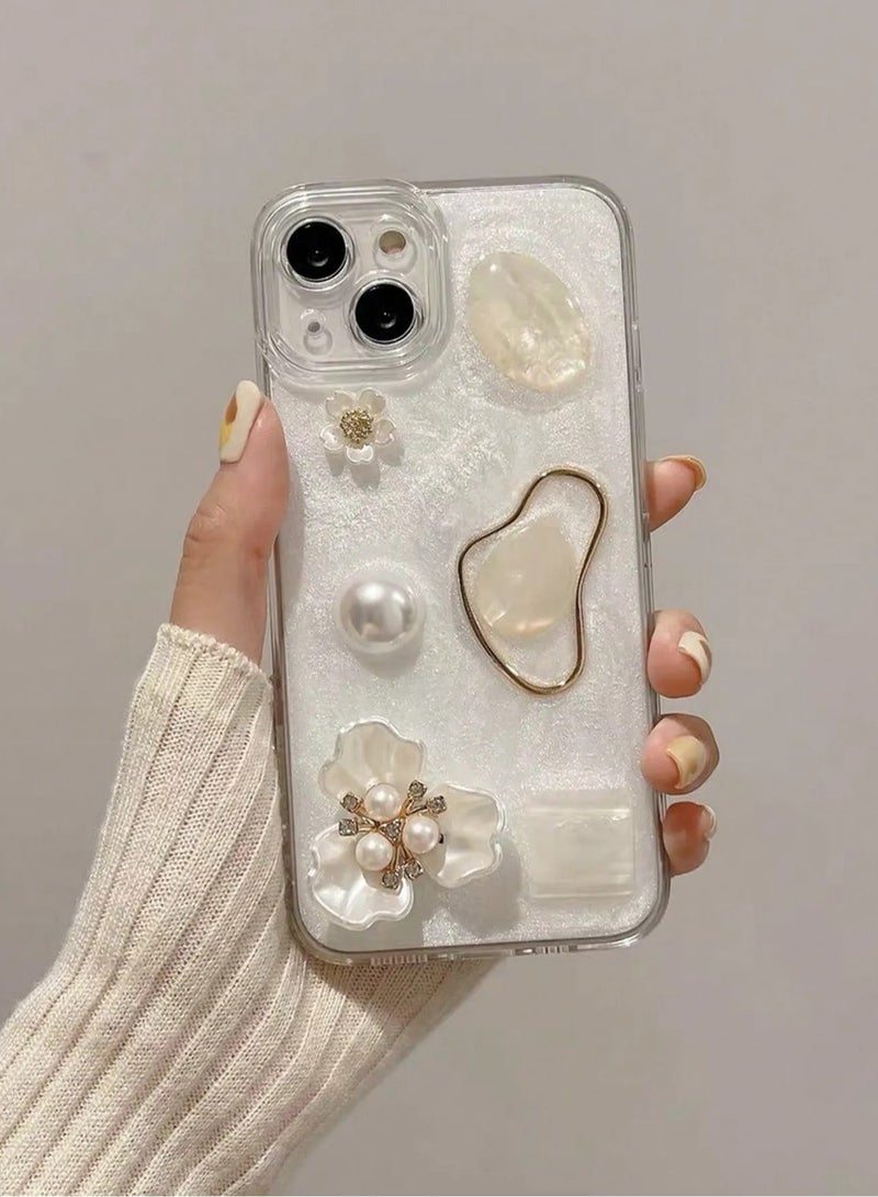 شي إن غطاء هاتف محمي بالكامل من الأضرار والسقوط، مزخرف بزهور ثلاثية الأبعاد وخرز واحجار كريمة مصنوع خصيصًا لهواتف أيفون ١٤