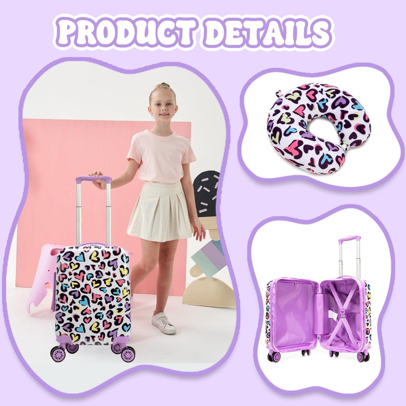 Esteemly Kid's Luggage Set 2 Piece Suitcase Set Hardside Luggage with Spinner Wheels Girls Carry on Toddler Travel Rolling Suitcase with Neck Pillow Airline Approved - Image 4