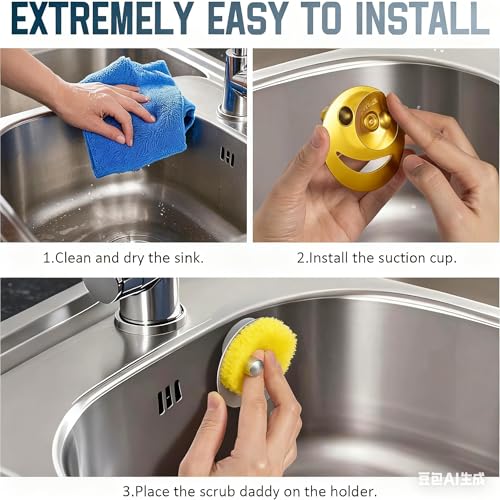 Yoshiky Stainless Steel Smiley Face Sponge Holder, Silver Sink Caddy Organizer Storage with Suction Cup for Kitchen, Kitchen Accessories Decor Scrubber-Gold - Image 3