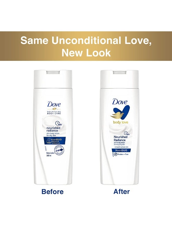 Dove Body Love Nourished Radiance Body Lotion For Very Dry Skin 48hrs Moisturisation Paraben Free with Plant Based moisturiser Soft Radiant Skin 100ml - Image 2