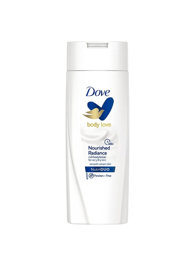 Dove Body Love Nourished Radiance Body Lotion For Very Dry Skin 48hrs Moisturisation Paraben Free with Plant Based moisturiser Soft Radiant Skin 100ml - Image 1