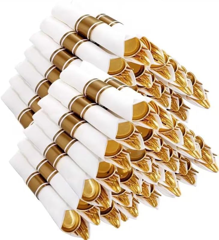 Joyido 400PCS Pre Rolled Gold Plastic Silverware Sets  Heavy Duty Gold Cutlery  Include 100 Pack Wrapped Disposable Utensils with Napkins for Parties Dinners  Weddings
