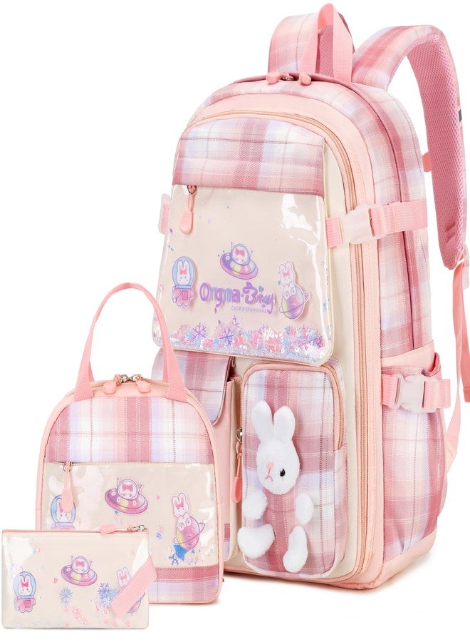 FIXITOK Girls Backpack Set, Kids Backpack for Girls, Kawaii Bunny School Bag for Girl Kindergarten Elementary Preschool, Plaid Pink, Daypack Backpacks - Image 1