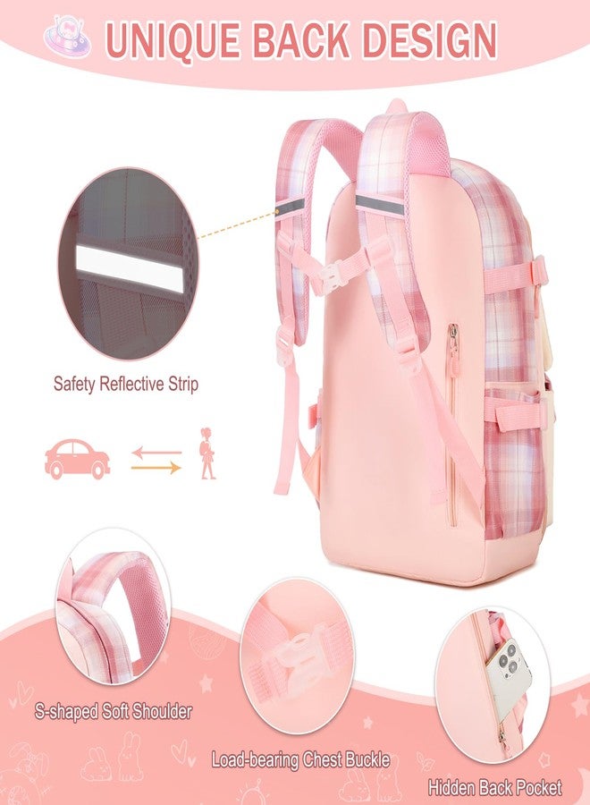 FIXITOK Girls Backpack Set, Kids Backpack for Girls, Kawaii Bunny School Bag for Girl Kindergarten Elementary Preschool, Plaid Pink, Daypack Backpacks - Image 4