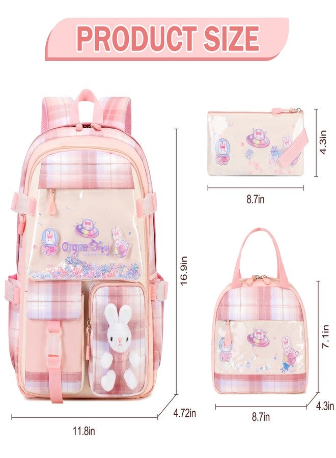 FIXITOK Girls Backpack Set, Kids Backpack for Girls, Kawaii Bunny School Bag for Girl Kindergarten Elementary Preschool, Plaid Pink, Daypack Backpacks - Image 2