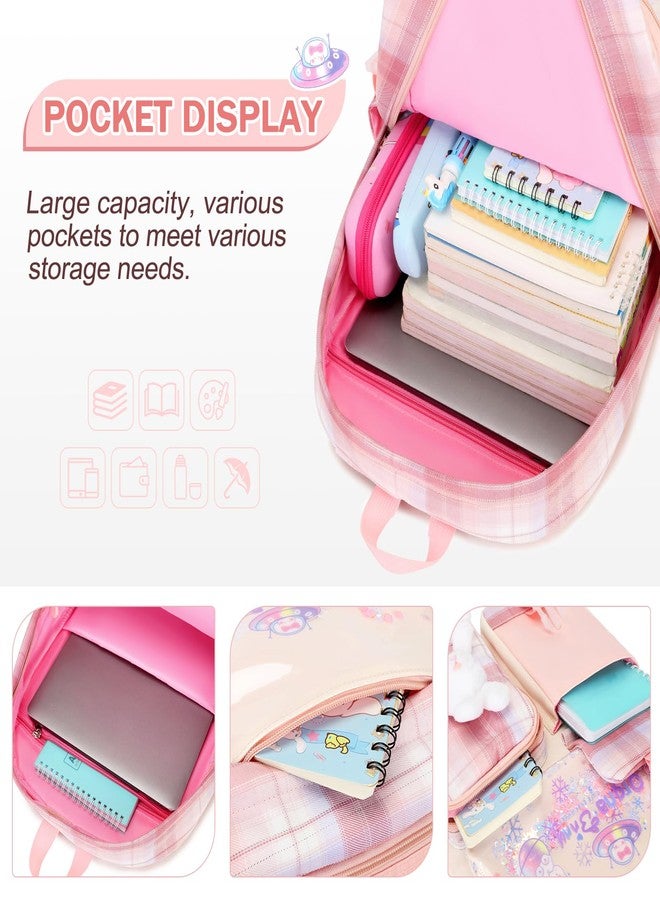 FIXITOK Girls Backpack Set, Kids Backpack for Girls, Kawaii Bunny School Bag for Girl Kindergarten Elementary Preschool, Plaid Pink, Daypack Backpacks - Image 3
