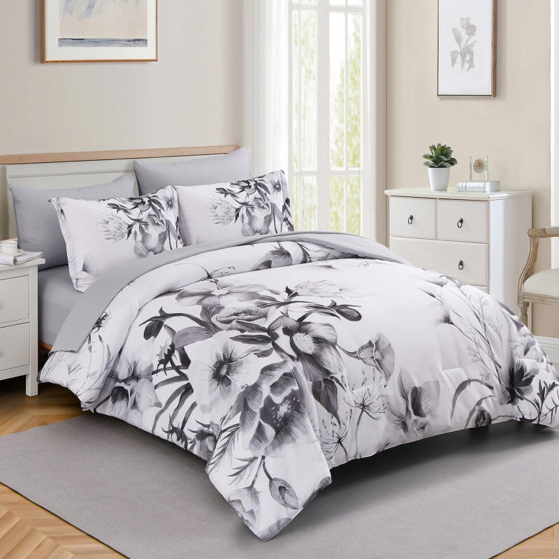 Luxudecor Floral Comforter Set Queen Size 7 Piece, Black Flower Bed in a Bag, Elegant Ink Comforter Bedding Set for All Season (Ink, 90"x90") - Image 2