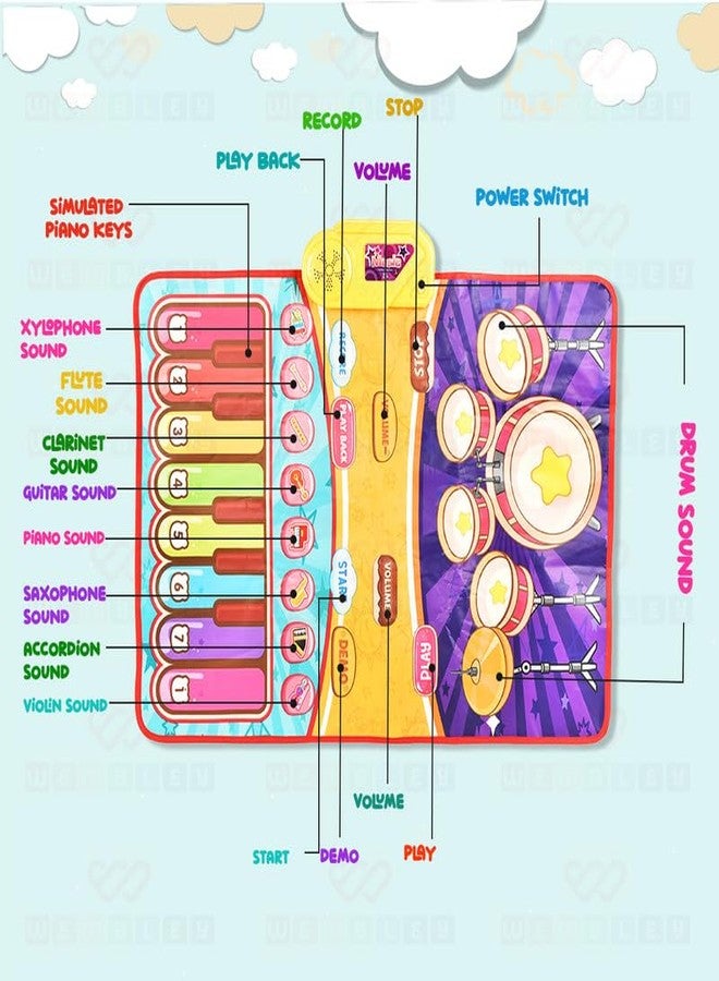 Wembley 2 in 1 Musical Mat for Kids Baby Piano Play Drum Mat Musical Keyboard with 8 Instrument Sounds and Music Early Learning Educational Toys Birthday Gift for Boys Girls - 60cm x 75cm - Image 4